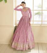 Pink Embroidered Georgette Semi-Anarkali with Dupatta