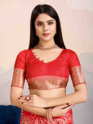 Women's rust satin digital print saree with unstitched blouse piece 5
