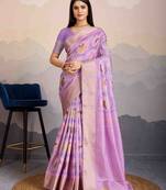 Women's lavender satin digital print saree with unstitched blouse piece