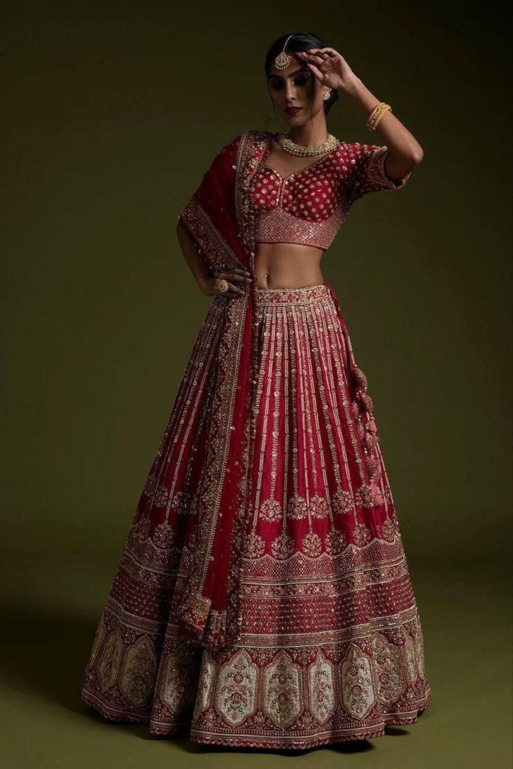 Red Bridal Silk Lehenga Choli with Sequins Work & Dupatta