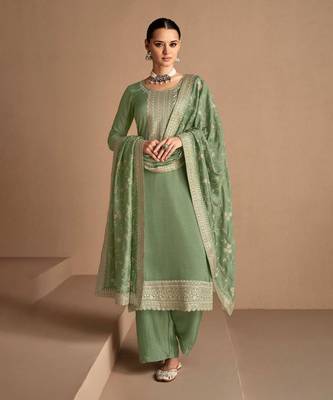 Dusty Green Embroidered Silk Straight Suit Free size full stitched Up To 42" Size 1