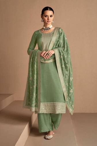 Dusty Green Embroidered Silk  Straight Suit Free size full stitched Up To 42" Size