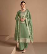 Dusty Green Embroidered Silk Straight Suit Free size full stitched Up To 42" Size