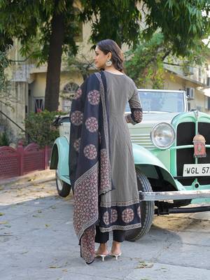 Divena black printed cotton fabric anarkali kurta pant with dupatta 2