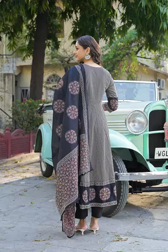 Divena black printed cotton fabric anarkali kurta pant with dupatta
