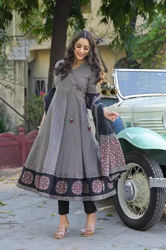 Divena black printed cotton fabric anarkali kurta pant with dupatta