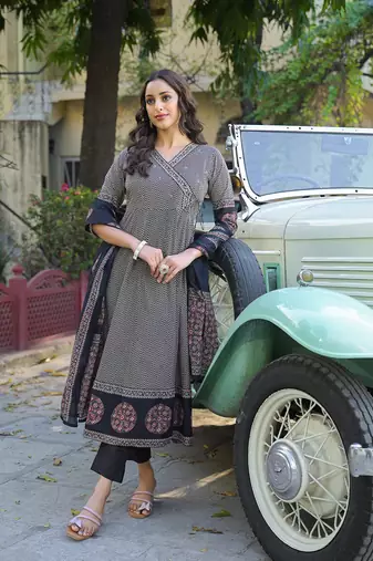Divena black printed cotton fabric anarkali kurta pant with dupatta