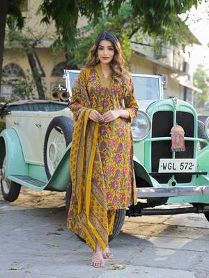 Divena yellow floral print cotton fabric a-line kurta pant with dupatta 1