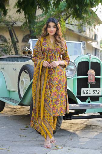 Divena yellow floral print cotton fabric a-line kurta pant with dupatta