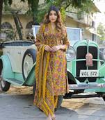 Divena yellow floral print cotton fabric a-line kurta pant with dupatta