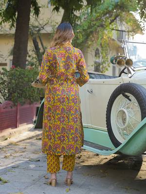 Divena yellow floral print cotton fabric a-line kurta pant with dupatta 2