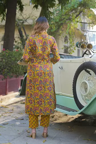 Divena yellow floral print cotton fabric a-line kurta pant with dupatta
