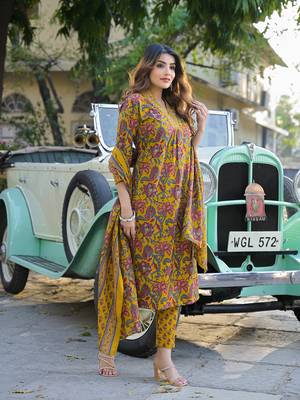 Divena yellow floral print cotton fabric a-line kurta pant with dupatta 3