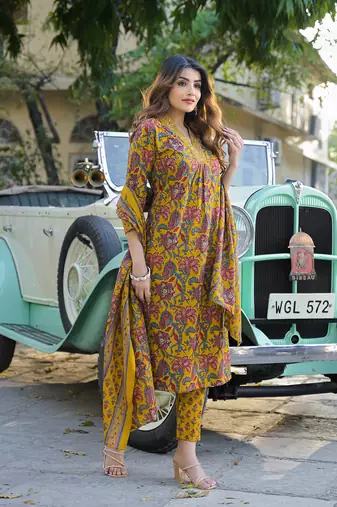 Divena yellow floral print cotton fabric a-line kurta pant with dupatta