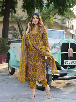 Divena yellow floral print cotton fabric a-line kurta pant with dupatta 4