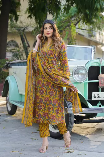 Divena yellow floral print cotton fabric a-line kurta pant with dupatta