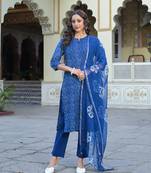 Divena blue floral printed straight kurta pant set