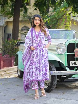 Divena purple floral printed anarkali pure cotton kurta with trousers & dupatta 1