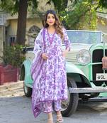 Divena purple floral printed anarkali pure cotton kurta with trousers & dupatta