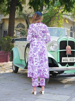 Divena purple floral printed anarkali pure cotton kurta with trousers & dupatta 2