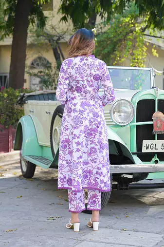 Divena purple floral printed anarkali pure cotton kurta with trousers & dupatta