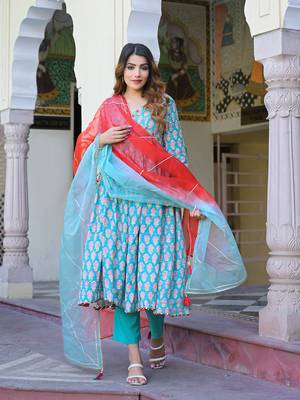 Divena turquoise blue floral muslin printed kurta pand with dupatta 1