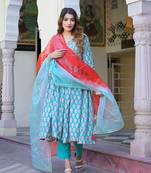 Divena turquoise blue floral muslin printed kurta pand with dupatta