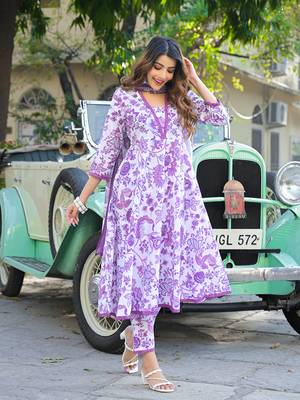 Divena purple floral printed anarkali pure cotton kurta with trousers & dupatta 3