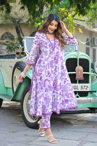 Divena purple floral printed anarkali pure cotton kurta with trousers & dupatta