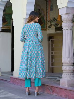 Divena turquoise blue floral muslin printed kurta pand with dupatta 2