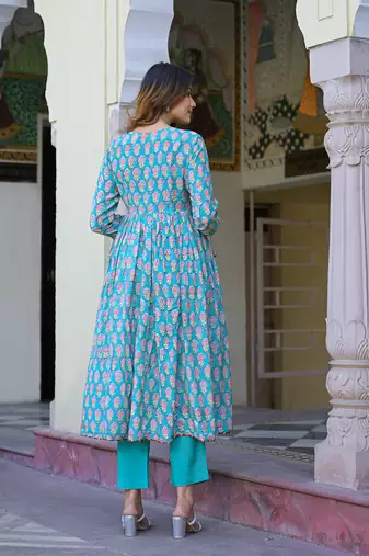 Divena turquoise blue floral muslin printed kurta pand with dupatta