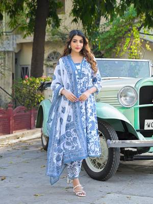 Divena blue floral printed anarkali pure cotton kurta with trousers & dupatta 1