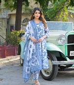 Divena blue floral printed anarkali pure cotton kurta with trousers & dupatta