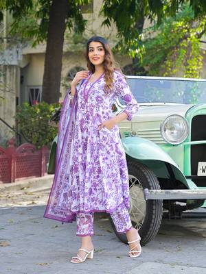 Divena purple floral printed anarkali pure cotton kurta with trousers & dupatta 4