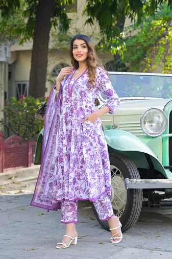 Divena purple floral printed anarkali pure cotton kurta with trousers & dupatta