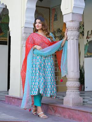 Divena turquoise blue floral muslin printed kurta pand with dupatta 3