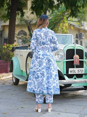 Divena blue floral printed anarkali pure cotton kurta with trousers & dupatta 2