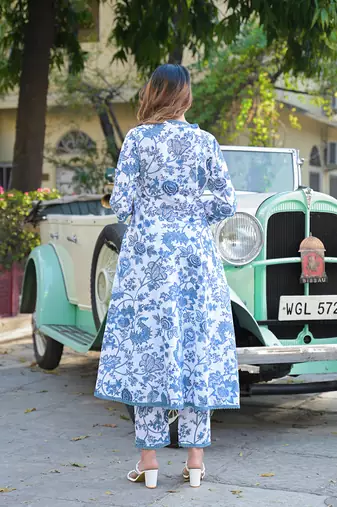 Divena blue floral printed anarkali pure cotton kurta with trousers & dupatta