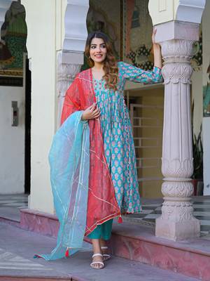Divena turquoise blue floral muslin printed kurta pand with dupatta 4