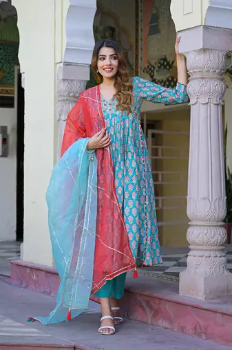 Divena turquoise blue floral muslin printed kurta pand with dupatta