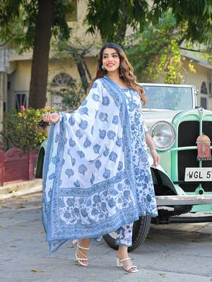 Divena blue floral printed anarkali pure cotton kurta with trousers & dupatta 3
