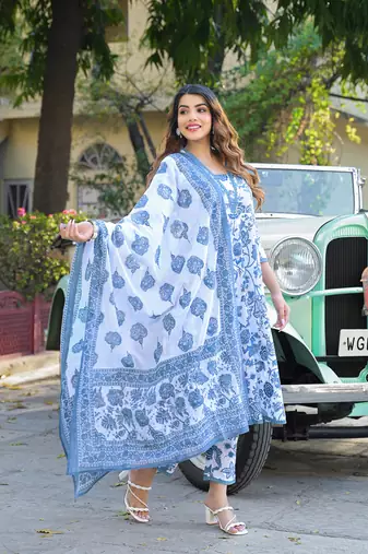 Divena blue floral printed anarkali pure cotton kurta with trousers & dupatta