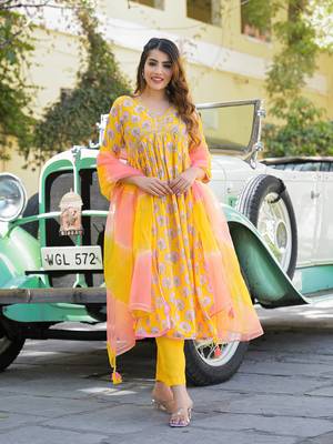 Divena yellow floral print muslin fabric a-line kurta pant with dupatta 1