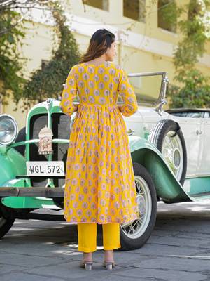 Divena yellow floral print muslin fabric a-line kurta pant with dupatta 2