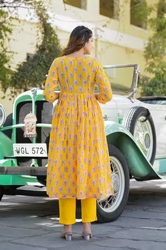 Divena yellow floral print muslin fabric a-line kurta pant with dupatta