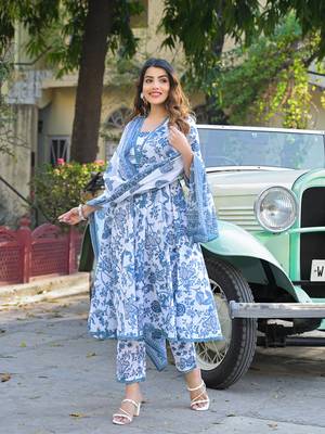 Divena blue floral printed anarkali pure cotton kurta with trousers & dupatta 4