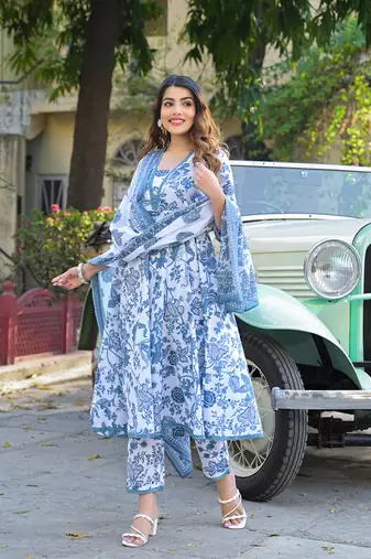 Divena blue floral printed anarkali pure cotton kurta with trousers & dupatta