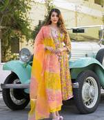 Divena yellow floral printed muslin kurta pant with dupatta