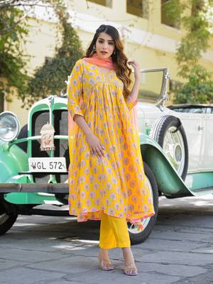 Divena yellow floral print muslin fabric a-line kurta pant with dupatta 3