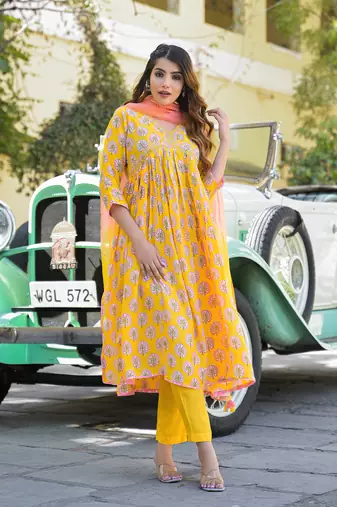 Divena yellow floral print muslin fabric a-line kurta pant with dupatta